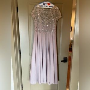 Xscape taupe long dress with cap sleeve and jewel
